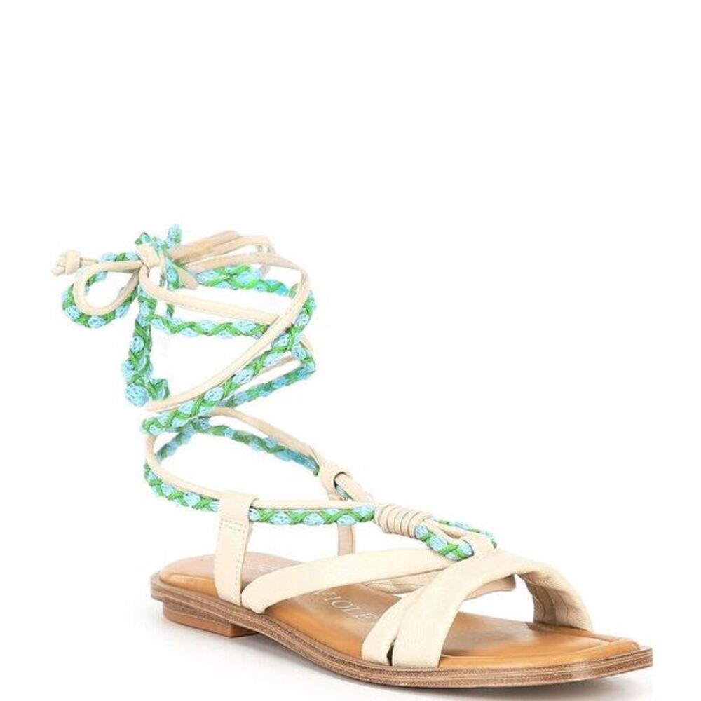 Chelsea & Violet Leather Lace Up Sandals Cream Green Size 9.5 Boho